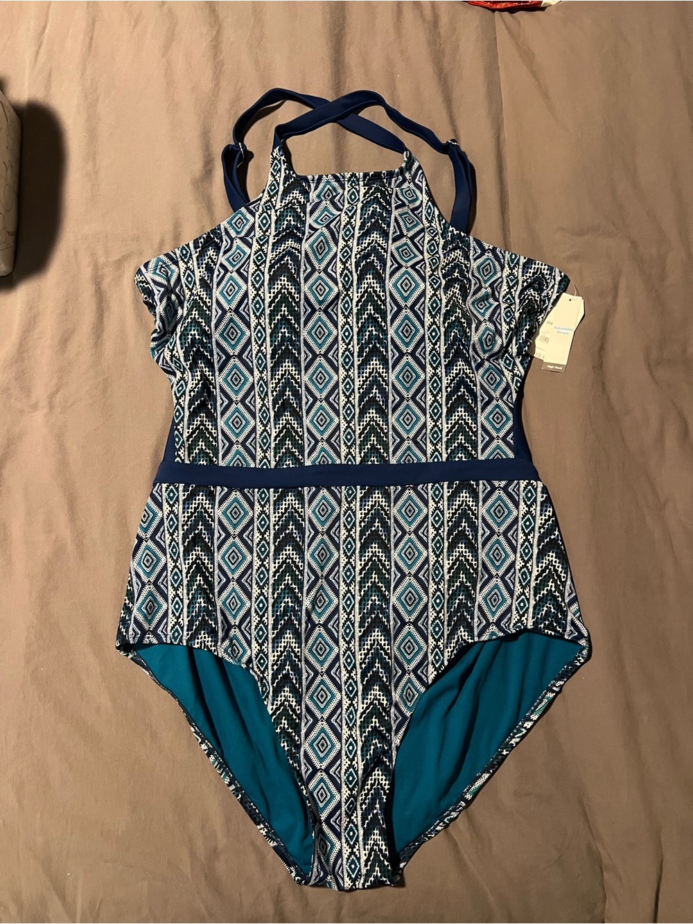 Time and Tru Navy & Teal Geo Print One-Piece Swimsuit 3XL